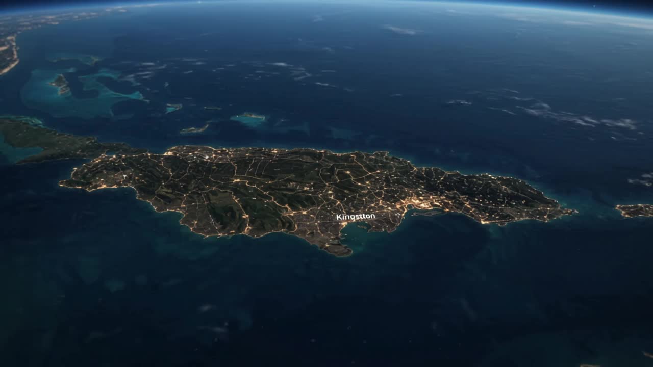 Satellite view of Jamaica at night with glowing arcs connecting to the rest of the world